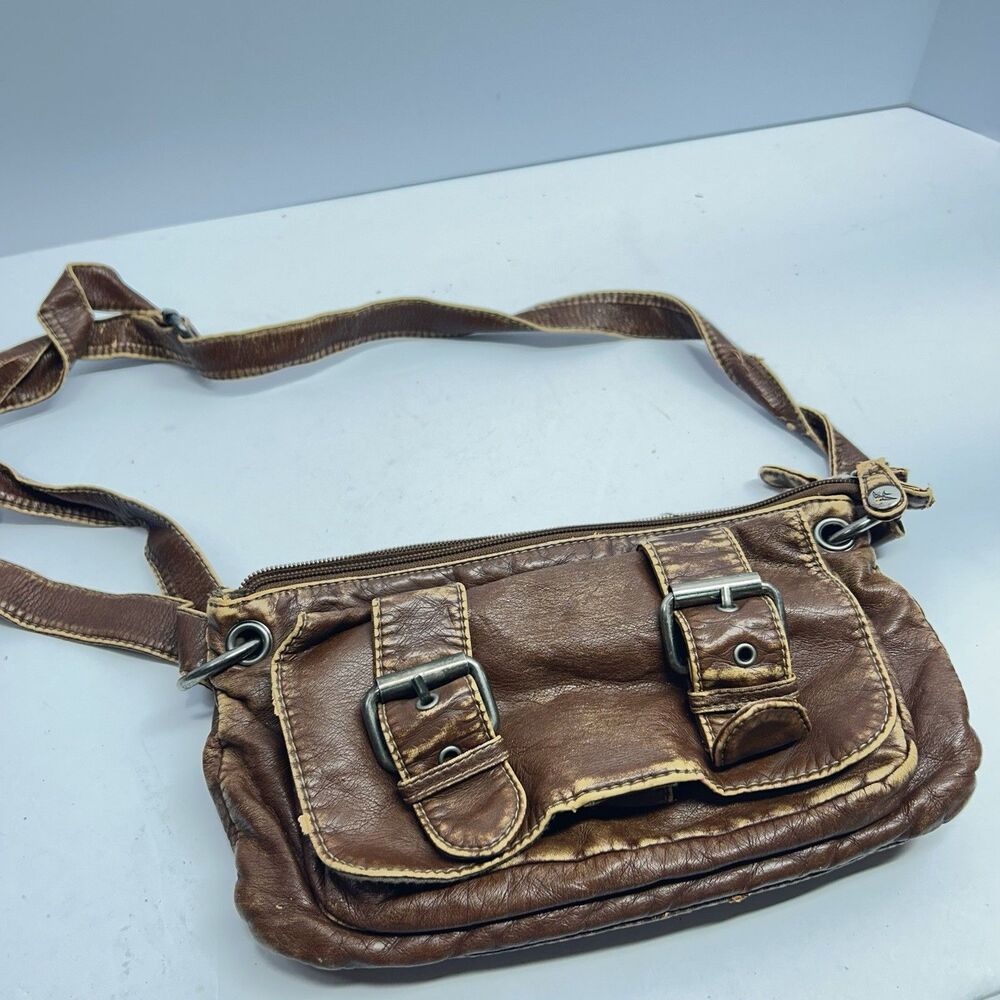 Sparrow True Distressed Brown Vegan Leather Utility Crossbody Bag Y2K Moto